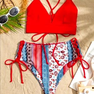Floral Lace-Up Tie Side Bikini Size M